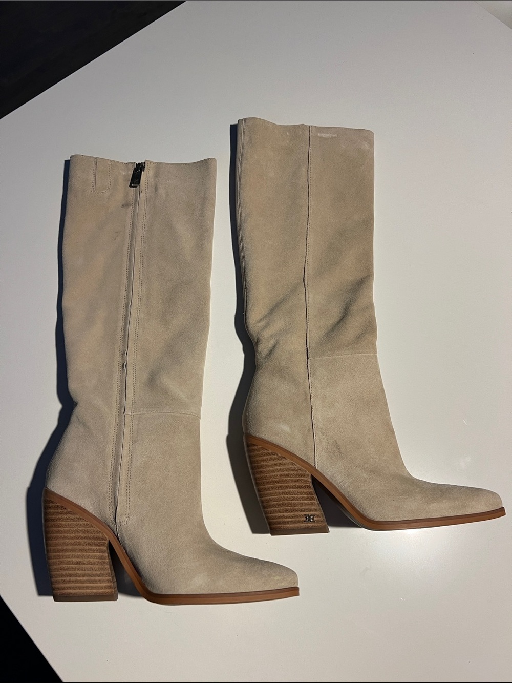 Sam Edelman annabel sand cream tan suede leather pointed toe knee high boots 6.5